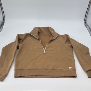 Vuori womens Half-Zip Pullover Sweater in Camel Brown